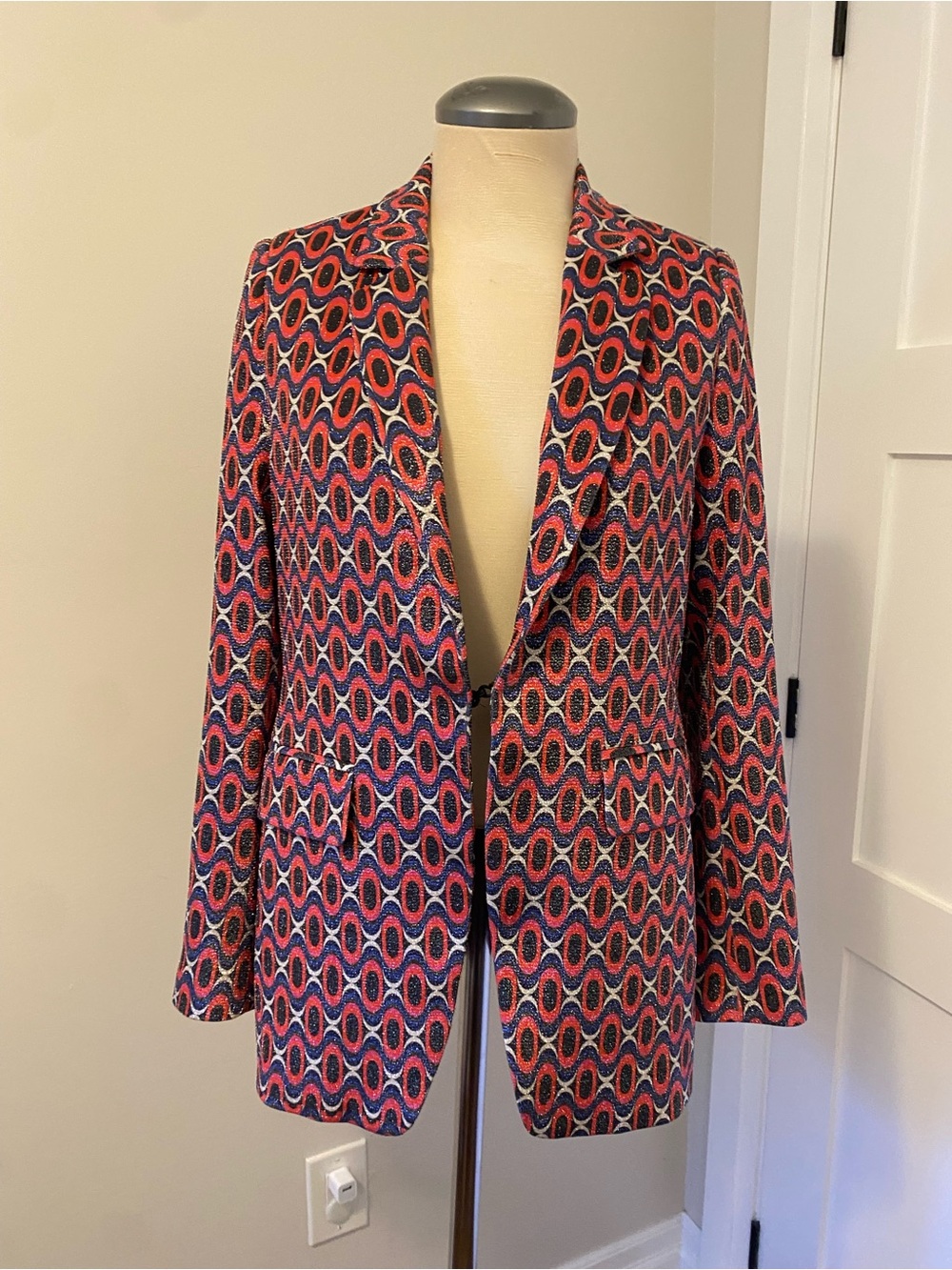 Vilagallo Red and Blue Geometric Single-Button Blazer